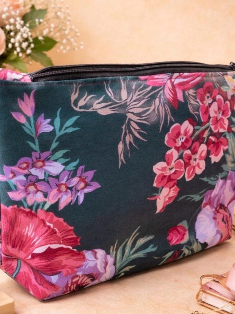 Floral Dark Green Cosmetic Pouch - Women's Travel Makeup Bag